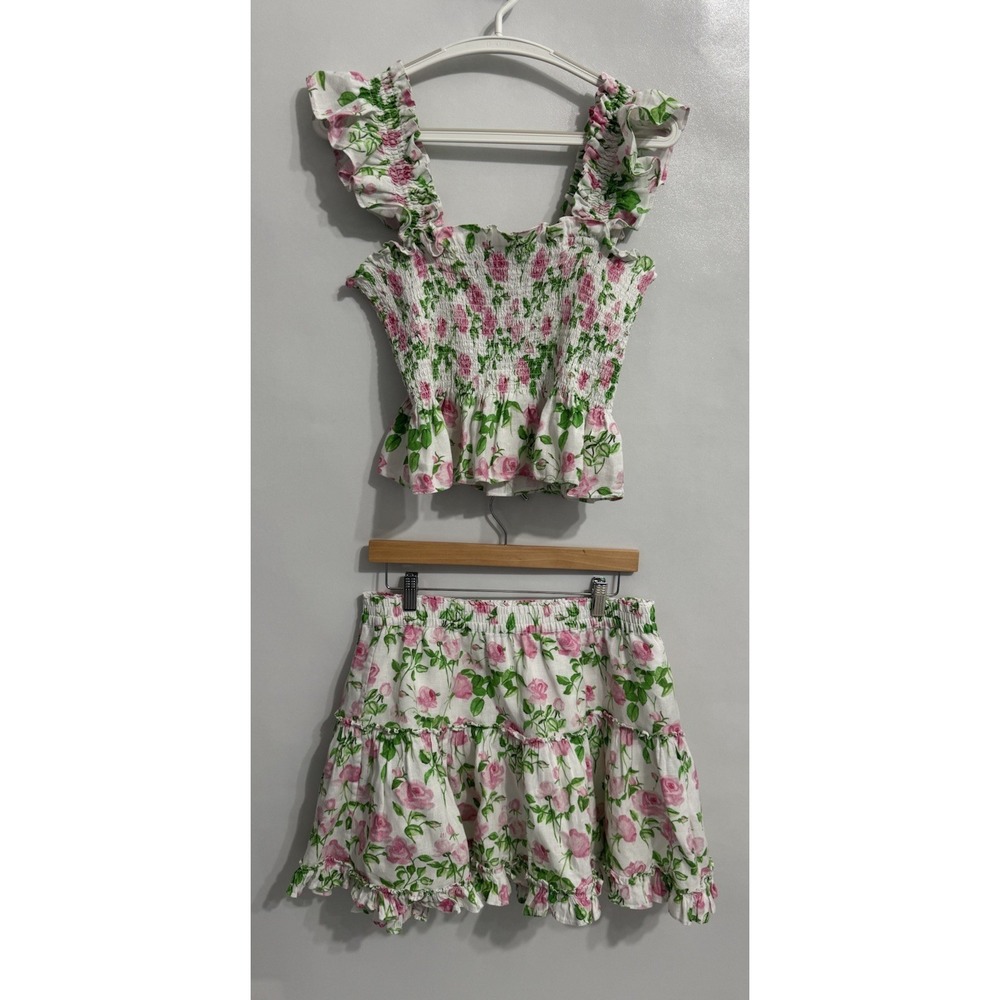 Hill House Sz L/XL Paz Floral Linen Set Two Piece White Pink Green Skirt Top